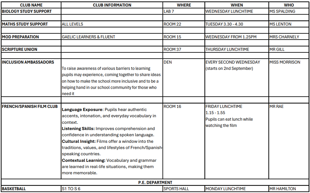 Extra Curricular Activities Timetable 1